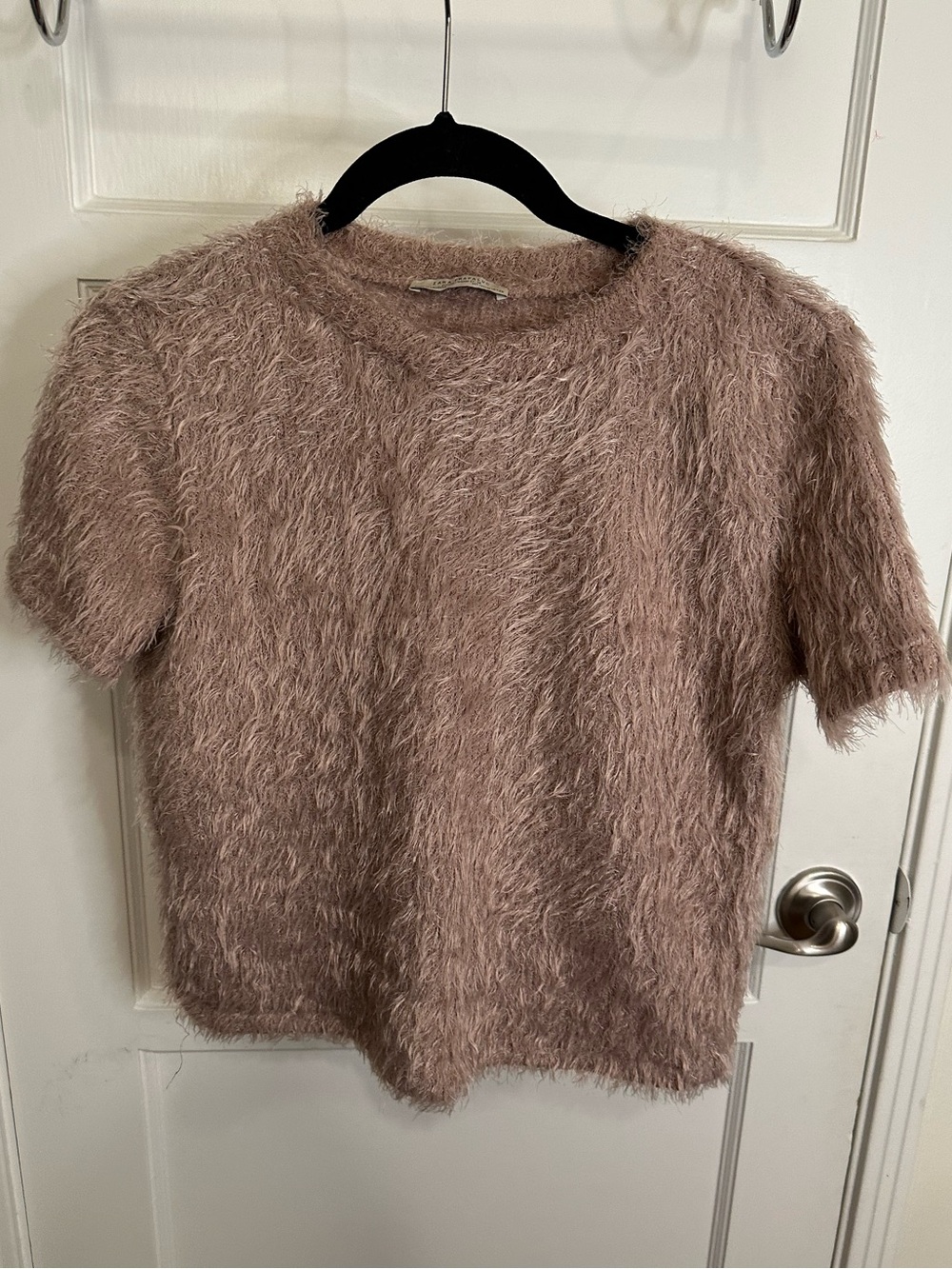 Zara Trafaluc Mink Brown Fuzzy Short-Sleeve Sweater Top